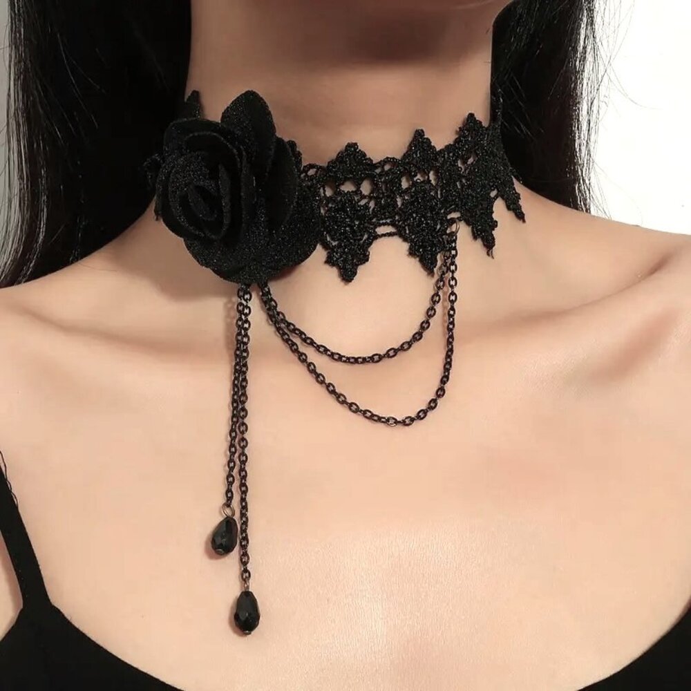 Choker Necklace Black Rose Lace Beads Chain Collar Punk Goth Scene Vamp Sexy New